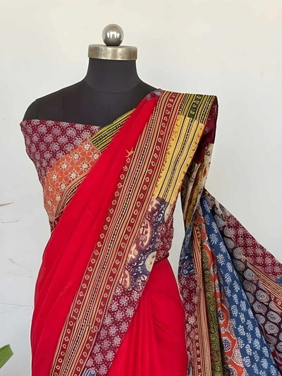 Indiehaat | Pure Mul Cotton Kantha Saree Red
