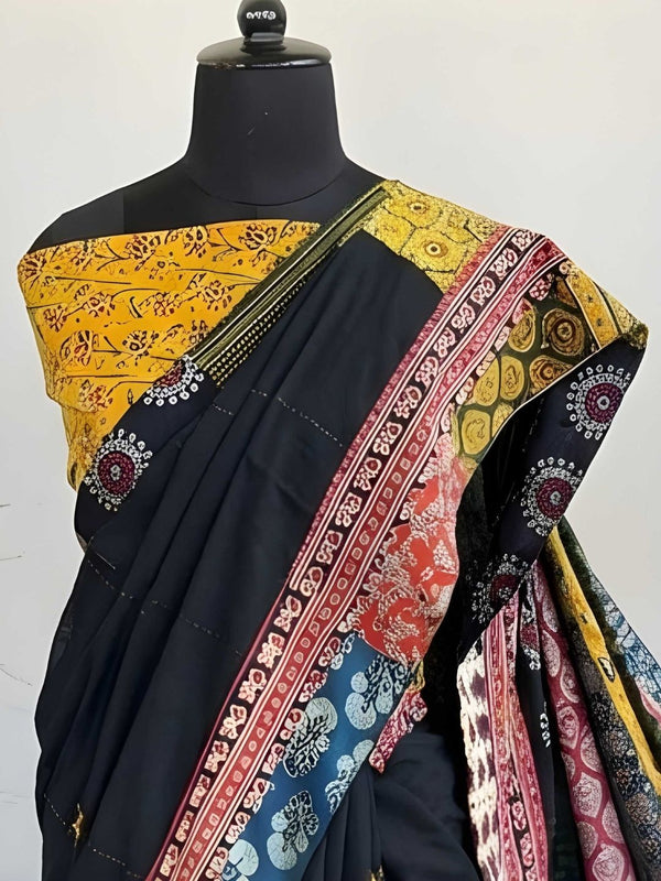 Indiehaat | Pure Mul Cotton Kantha Saree Black