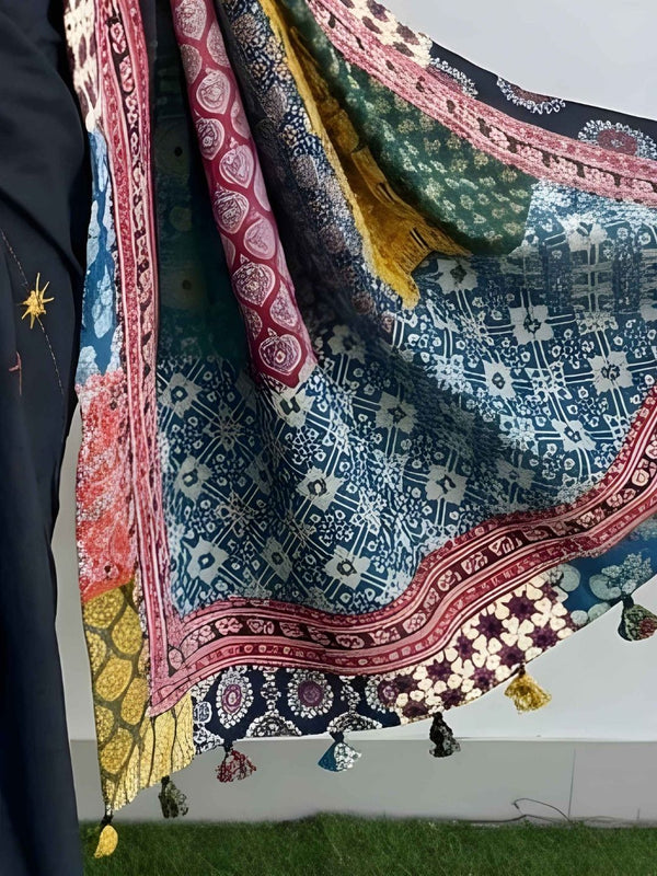 Indiehaat | Pure Mul Cotton Kantha Saree Black