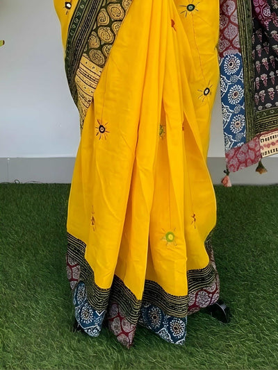 Indiehaat | Pure Mul Cotton Kantha Saree Yellow