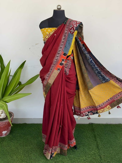 Ruh Leher Pure Mul Cotton Saree Dark Red