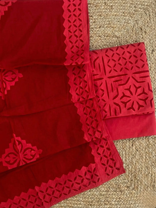 Indiehaat | Applique Cotton Suit (T+B+D) Red