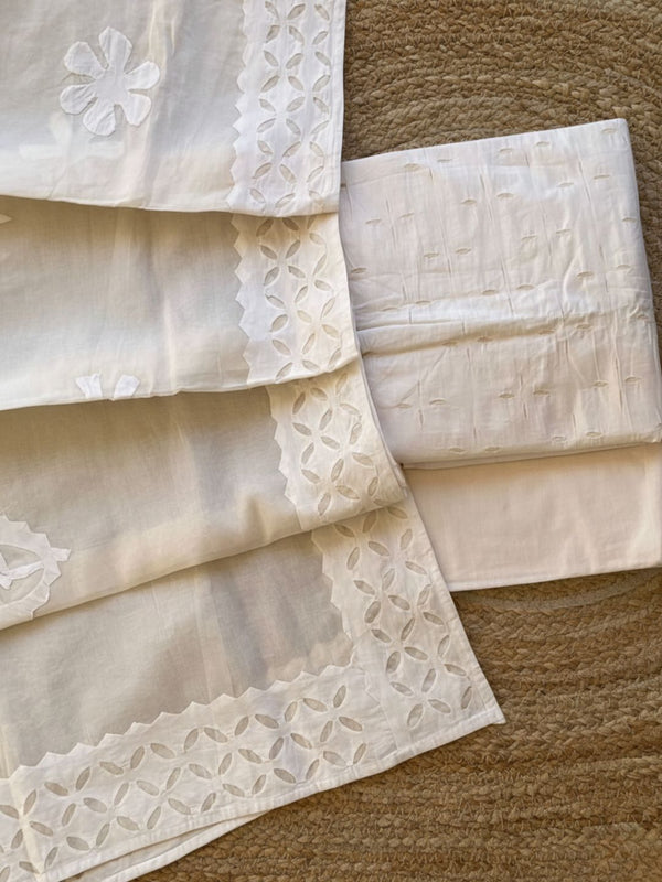 Indiehaat | Applique Cotton Suit (T+B+D) White