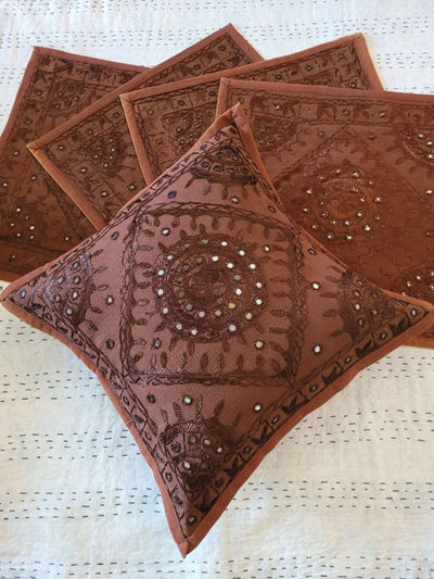 Indiehaat | Pure Cotton Embroidered Cushion Cover Brown