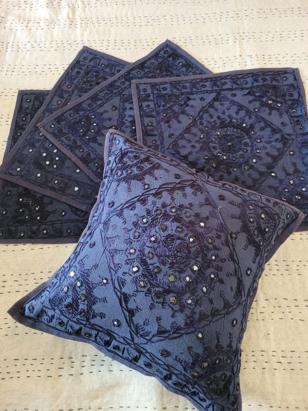 Indiehaat | Pure Cotton Embroidered Cushion Cover Blue