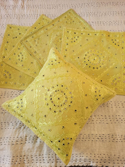 Indiehaat | Pure Cotton Embroidered Cushion Cover Yellow