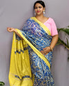 Silkmark Tussar Lively Blockprint Blue & Yellow Saree