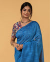 Silk Linen Plain Saree Sky Blue Color with contrast border and attached Running Blouse-Indiehaat