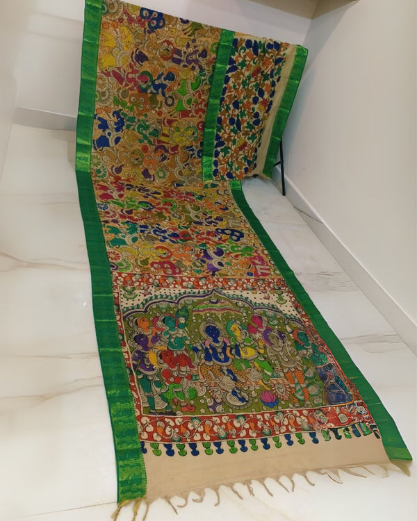 Indiehaat | Mangalagiri Handpainted Silk Saree Multicolor