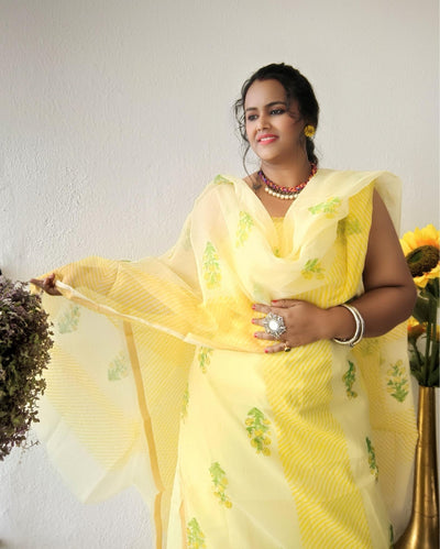 Textured Kota Doria Yellow Suit Handblock Print