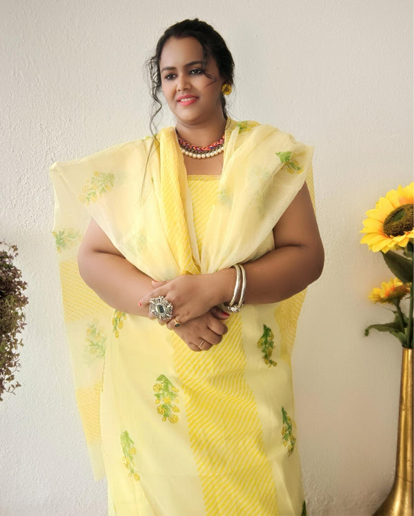 Textured Kota Doria Yellow Suit Handblock Print