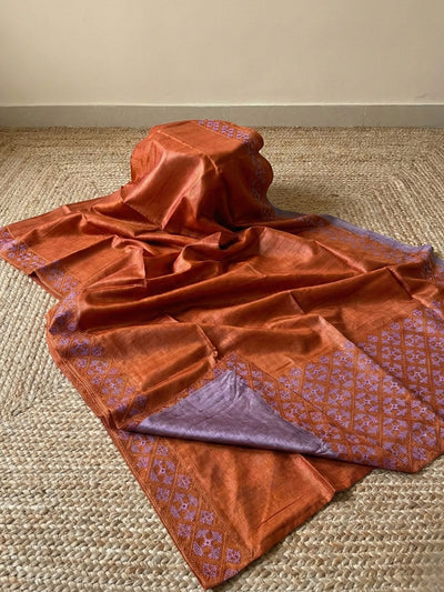 Indiehaat | Silkmark Tussar Silk Embroidery Saree Orange