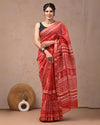 Indiehaat | Maheshwari Silk Saree Red Color Bagru Handblock Printed with Running Blouse (Silk by Silk)