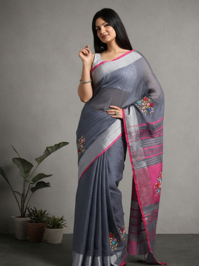 Harmonious Pure Linen Floral Embroidered Red Saree