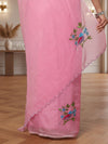 Bold Kota Doria Cotton Bird Embroidery Pink Saree Handdyed