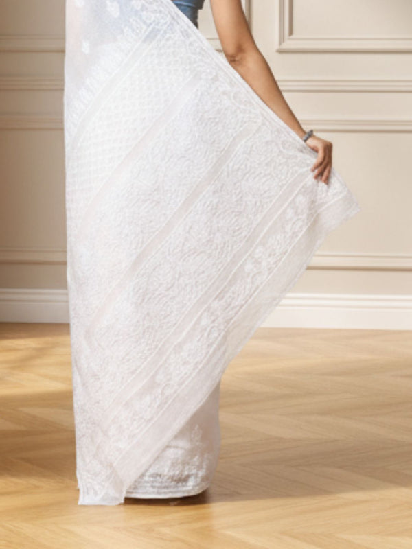 Frosty Chikankari Kota Doria Saree White Handcrafted