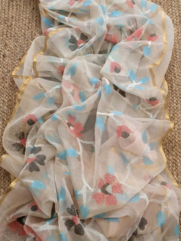 Indiehaat | Pure Muslin Silk Jamdani Saree Beige