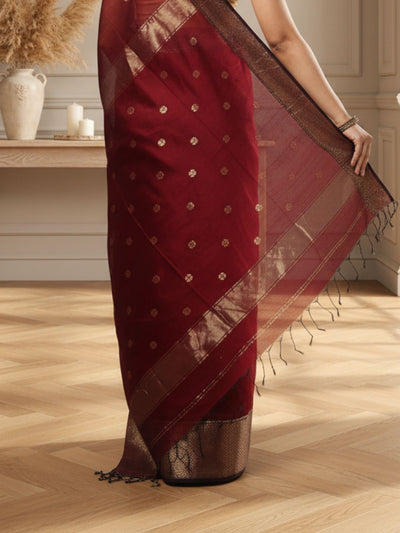 Poetic Maheshwari Pure Silk Butta Body Red Saree