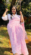 Georgette HandCrafted Tepchi work Pink Saree with Running Blouse-Indiehaat