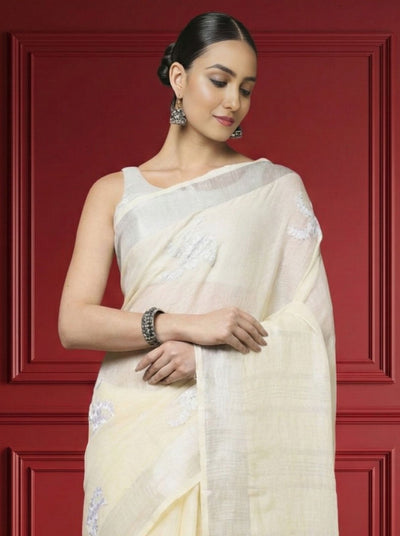 Vivid Pure Linen Embroidered Handloom Off White Saree