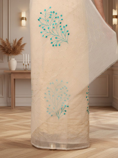 Earthy Kota Doria Cotton Bel Embroidery White Saree Handdyed