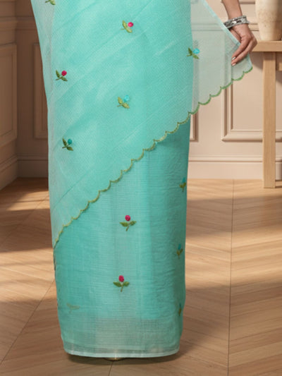 Kota Doria Blue Saree Allover Embroidery Handcrafted