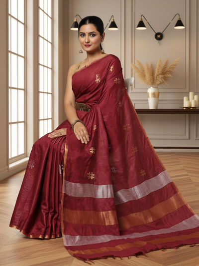 Jaquard Kota Slub Saree Hand Dyed Royal Red