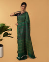 Dreamy Pure Linen Kantha Work Saree Spectra Green