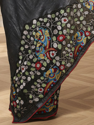 Silkmark Certified Rustic Pure Tussar Cutwork Eerie Black Saree