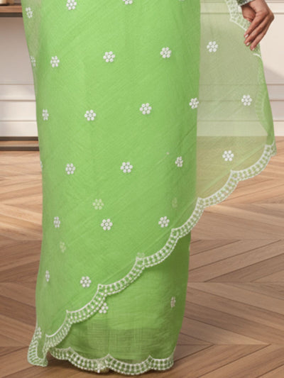 Kota Doria Sarees Embroidery Work Moss Green