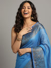 Silk Linen Banarasi Brocade Handloom Sapphire Blue Saree with Blouse-Indiehaat