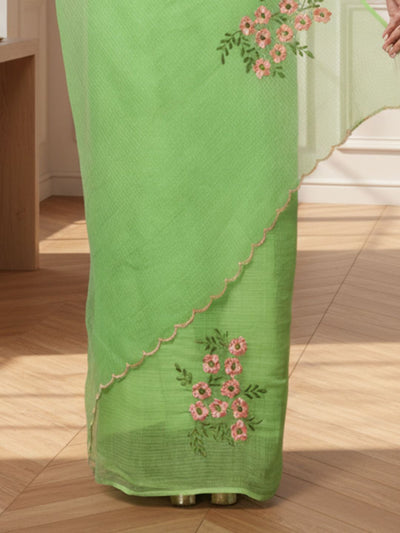 Earthy Kota Doria Green Pure Cotton Floral Embroidery Saree