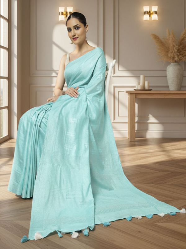 Katan Sea Blue Silk Saree Weaving Design with Blouse-Indiehaat