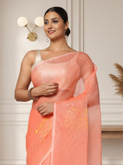 Bold Kota Doria Cotton Bel Embroidery Orange Saree Handdyed