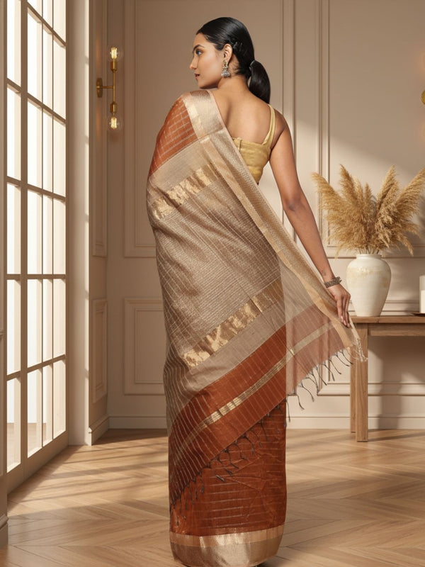 Stunning Pure Maheshwari Silk Allover Checks Earthy Brown Saree