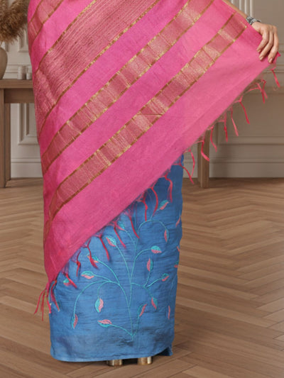 Quaint Eri Tussar Silk Embroidered Blue Saree