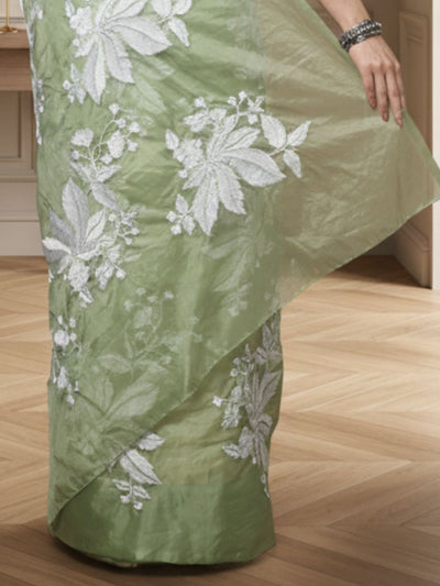 Embroidered Organza Pure Silk Green Saree for Party Wear | Indiehaat