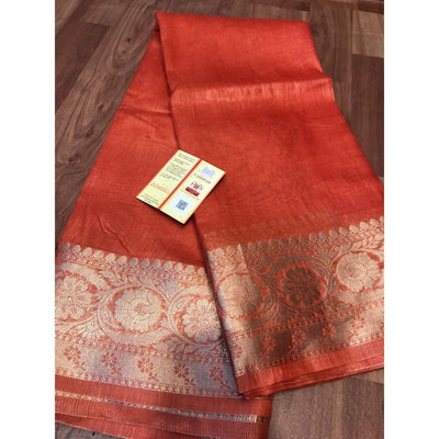 Silk Linen Banarasi Brocade Handloom Orange Saree with Blouse-Indiehaat