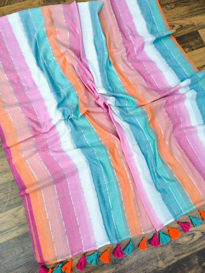 Indiehaat | Pure Handloom Mul Cotton Saree Multicolor