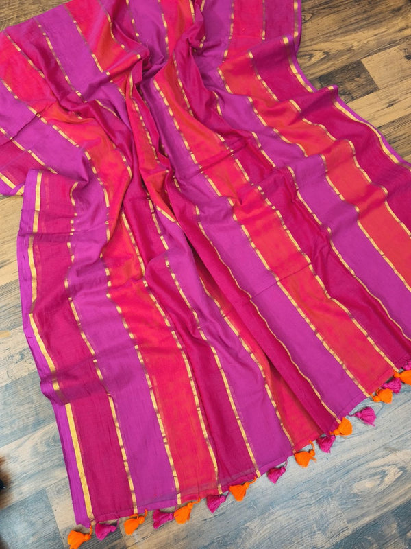 Indiehaat | Pure Handloom Mul Cotton Saree PinkOrange