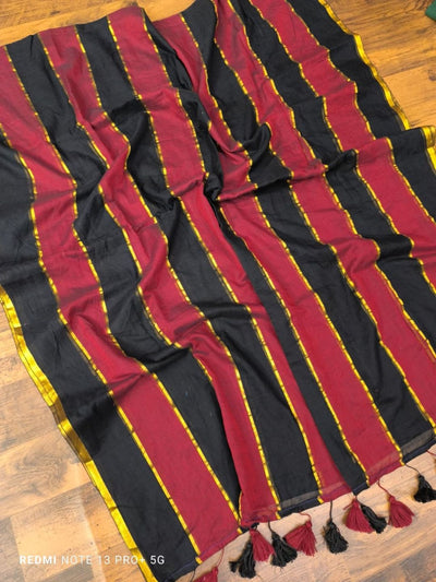 Indiehaat | Pure Handloom Mul Cotton Saree BlackMaroon