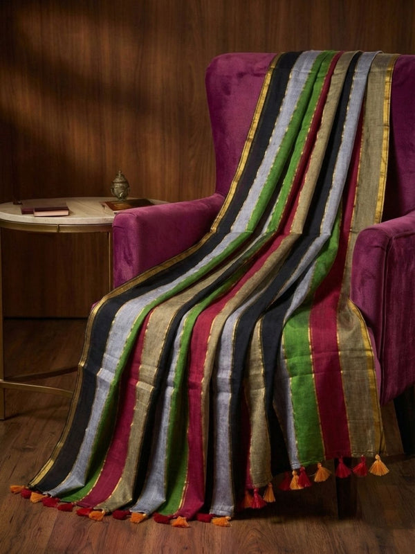 Indiehaat | Pure Handloom Mul Cotton Saree Multicolor