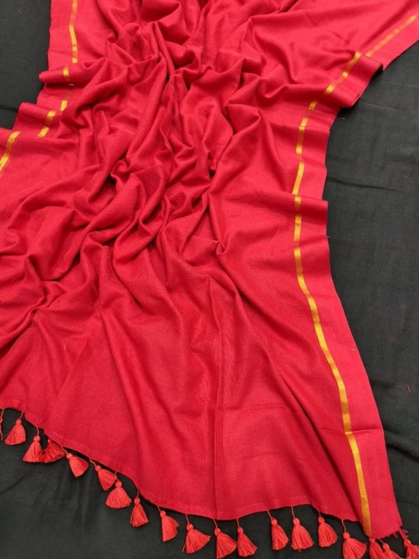 Indiehaat | Handloom Pure Mul Cotton Saree Red