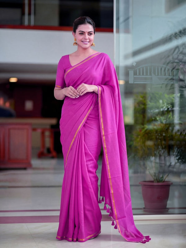 Indiehaat | Handloom Pure Mul Cotton Saree Pink