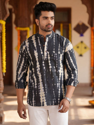 Indiehaat | Pure Cotton Shibori Short Kurta Black & White