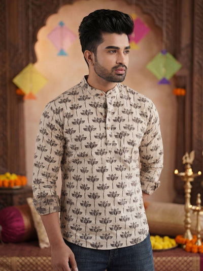 Noble Echo Pure Cotton Blockprint Short Kurta Beige
