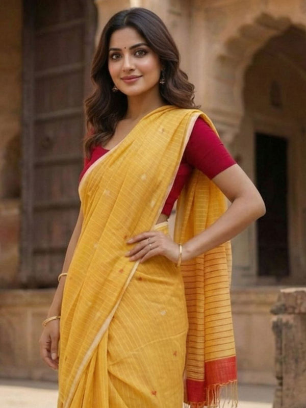 Indiehaat | Pure Cotton Handloom Saree Yellow