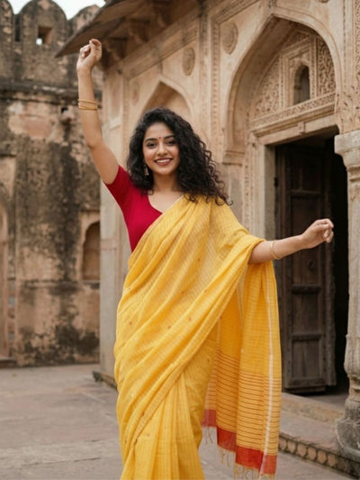 Indiehaat | Pure Cotton Handloom Saree Yellow