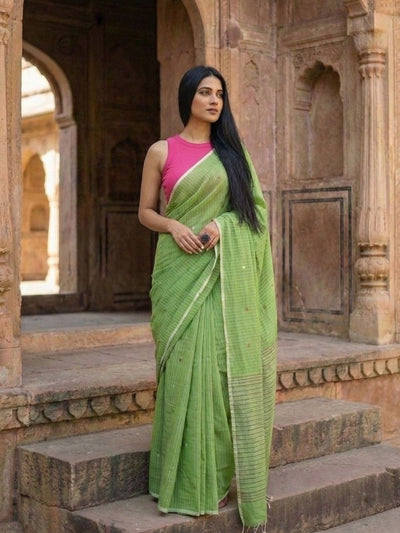 Indiehaat | Pure Cotton Handloom Saree Green