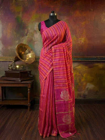 Indiehaat | Pure Linen Handloom Saree Pink